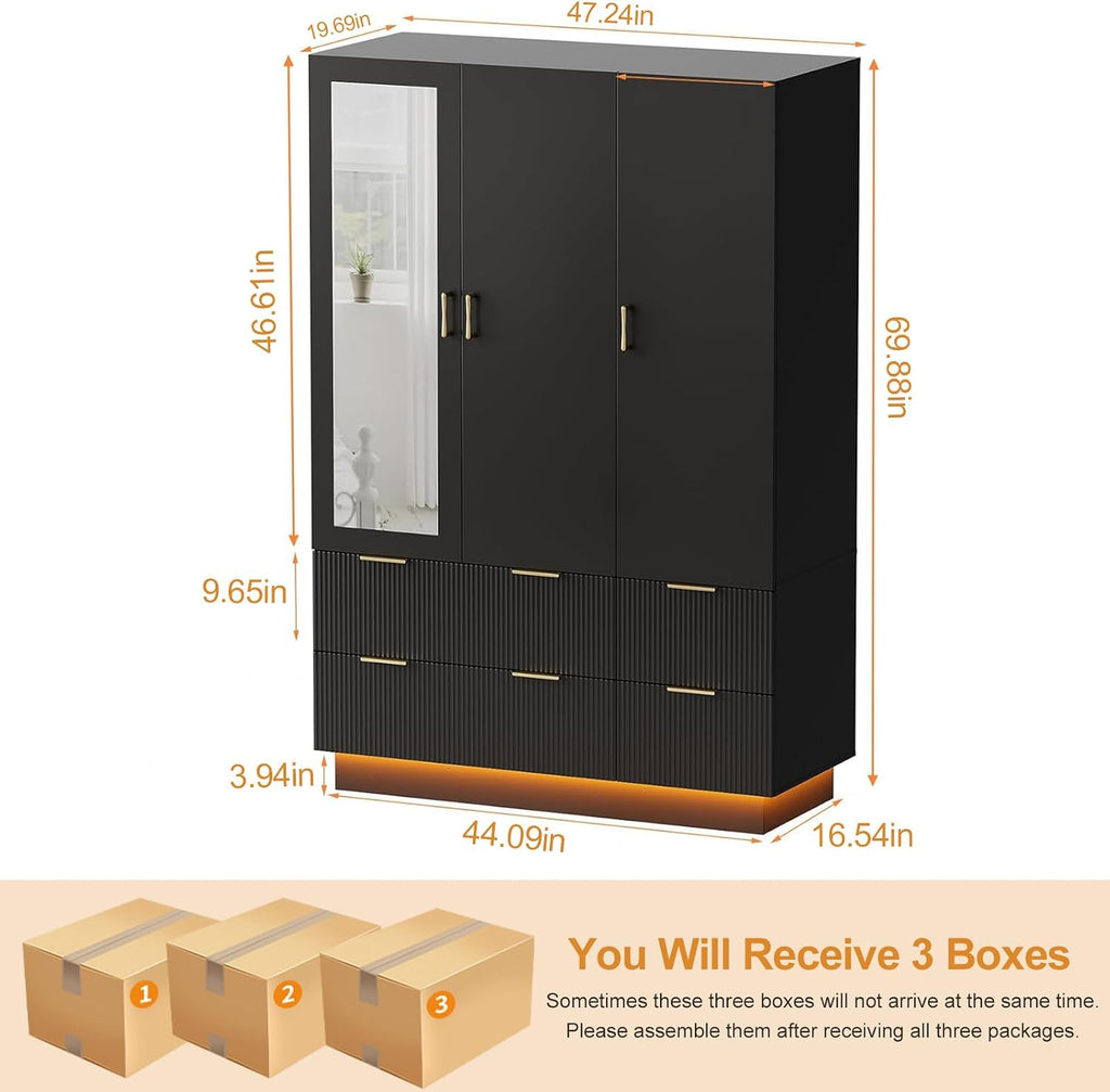 LED Mirrored 3‑Door Bedroom Wardrobe Armoire
