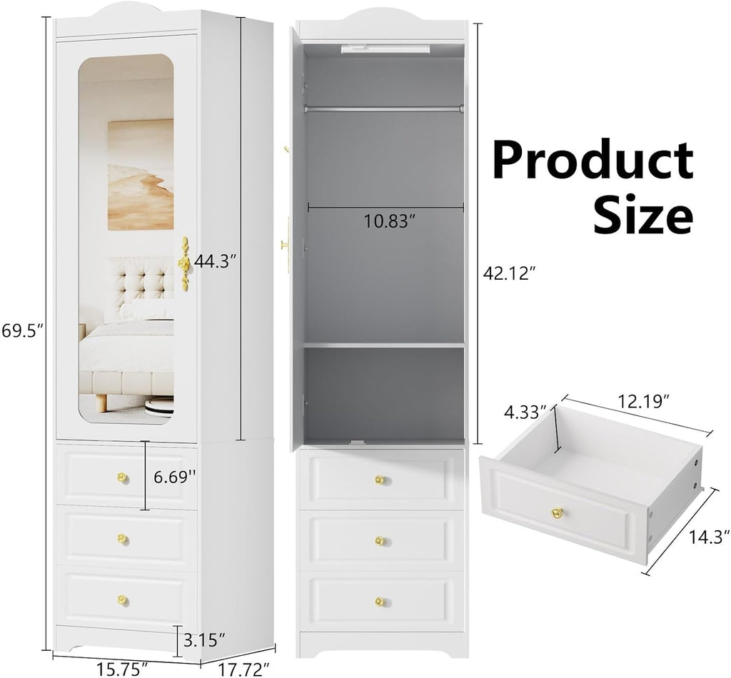 Mirrored Drawer‑Equipped Clothing Storage Armoire