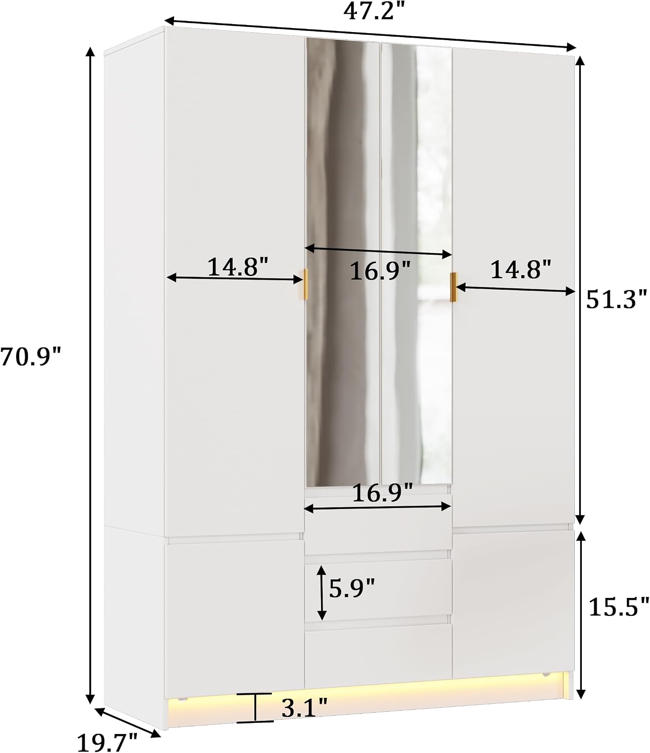 LED Mirrored Large‑Capacity Bedroom Wardrobe Armoire