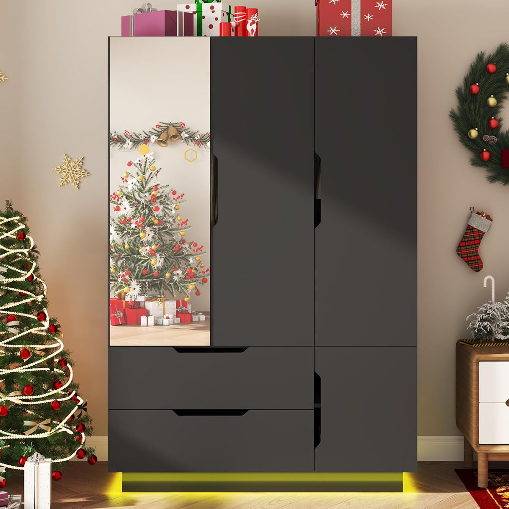 LED Mirrored Drawer‑Style Bedroom Wardrobe Armoire