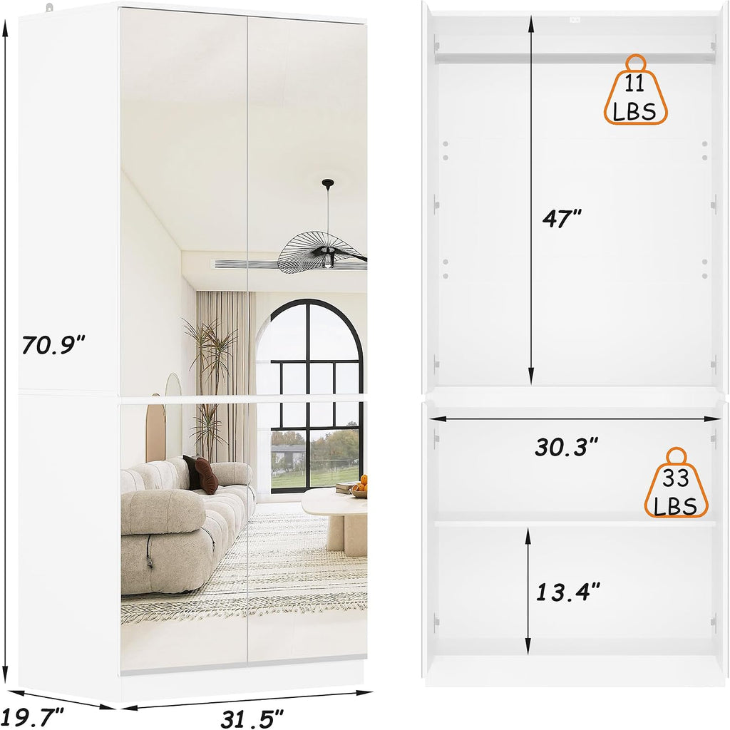 Mirrored White Bedroom Storage Wardrobe Closet