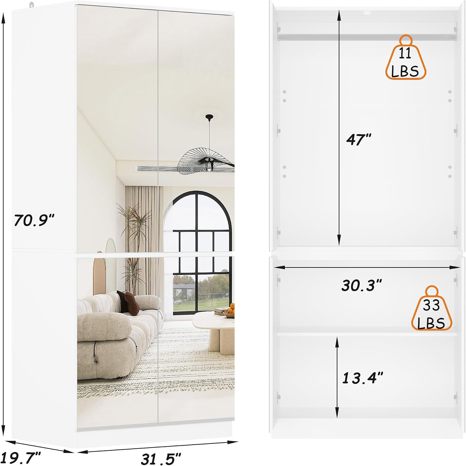 Mirrored White Bedroom Storage Wardrobe Closet