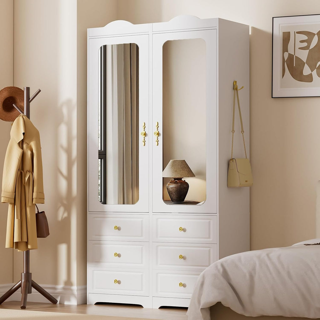 Mirrored Drawer‑Equipped Clothing Storage Armoire