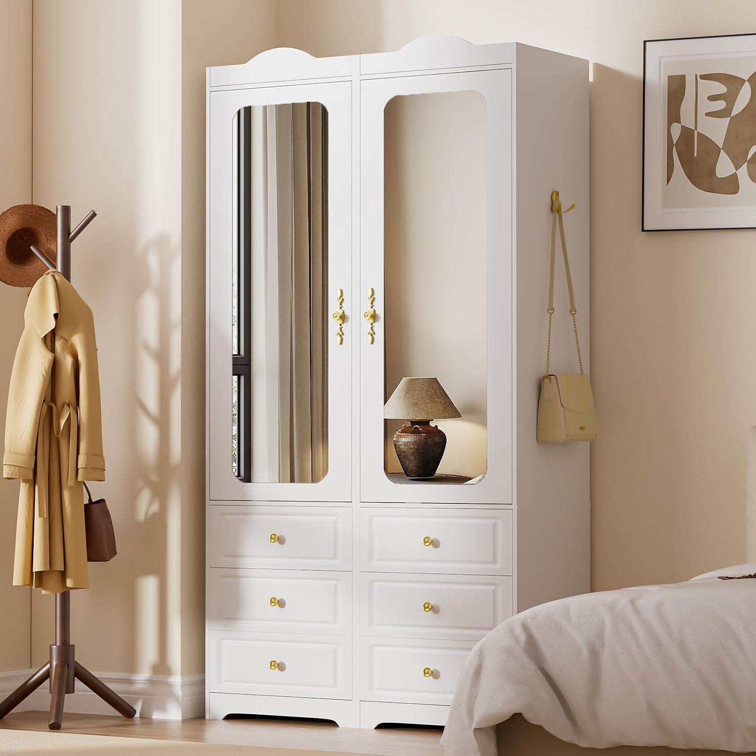 Mirrored Drawer‑Equipped Clothing Storage Armoire