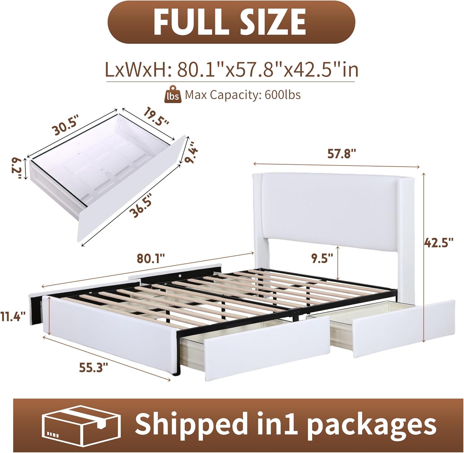 Wingback Drawer‑Equipped Full Bed Frame