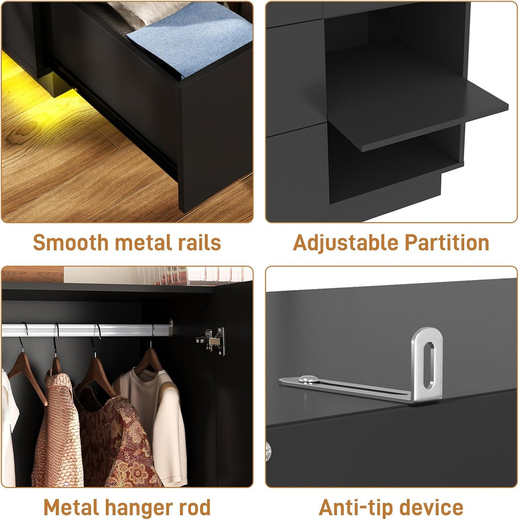 LED Mirrored Drawer‑Style Bedroom Wardrobe Armoire