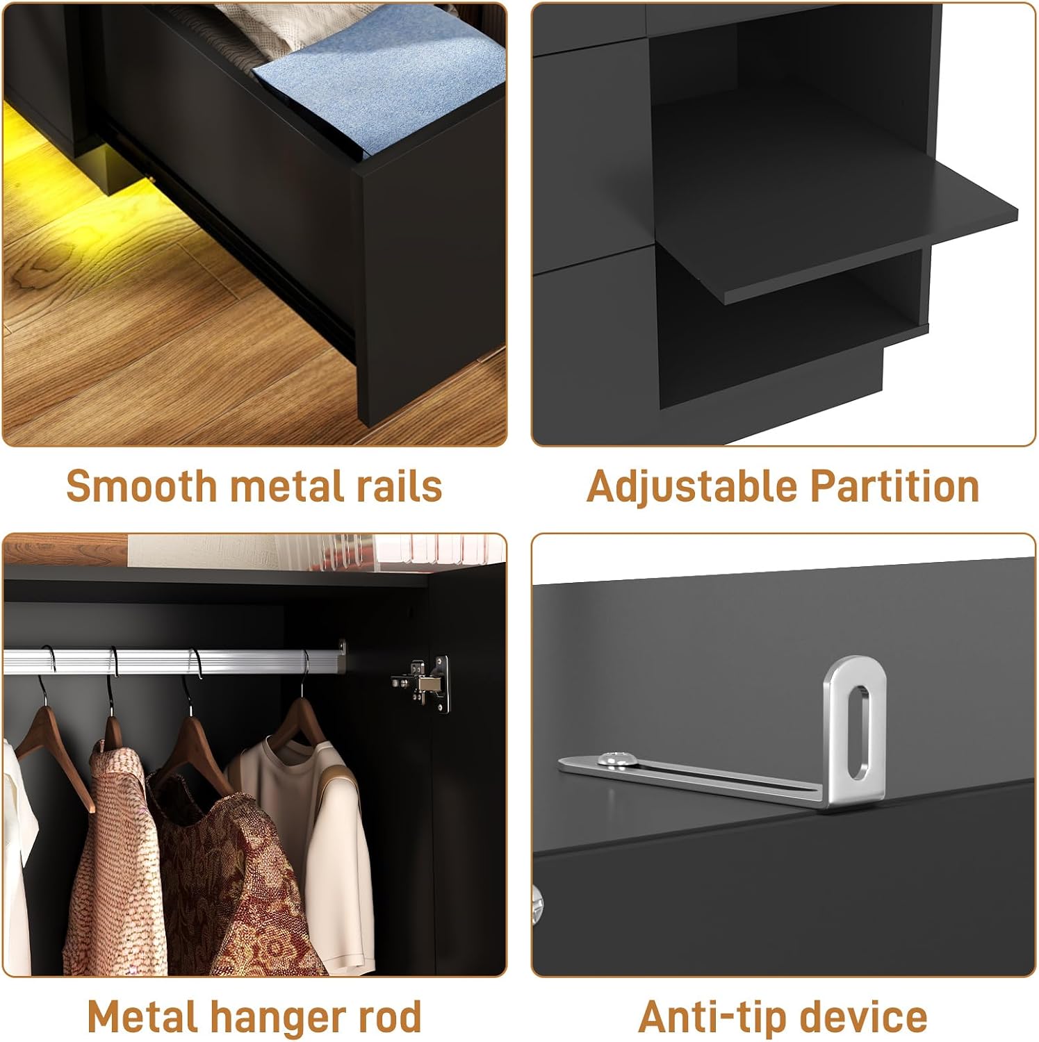 LED Mirrored Drawer‑Style Bedroom Wardrobe Armoire