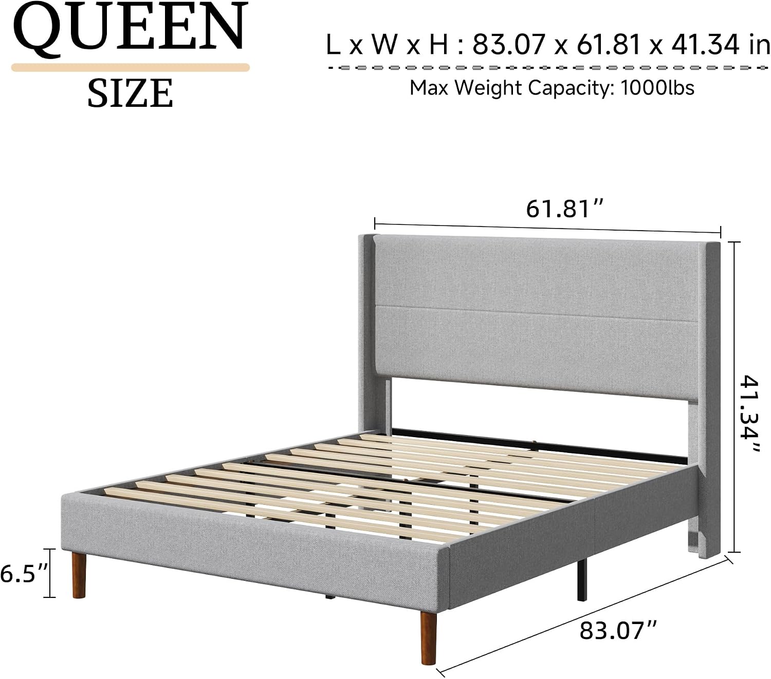 Wingback Linen Upholstered Queen Bed Frame