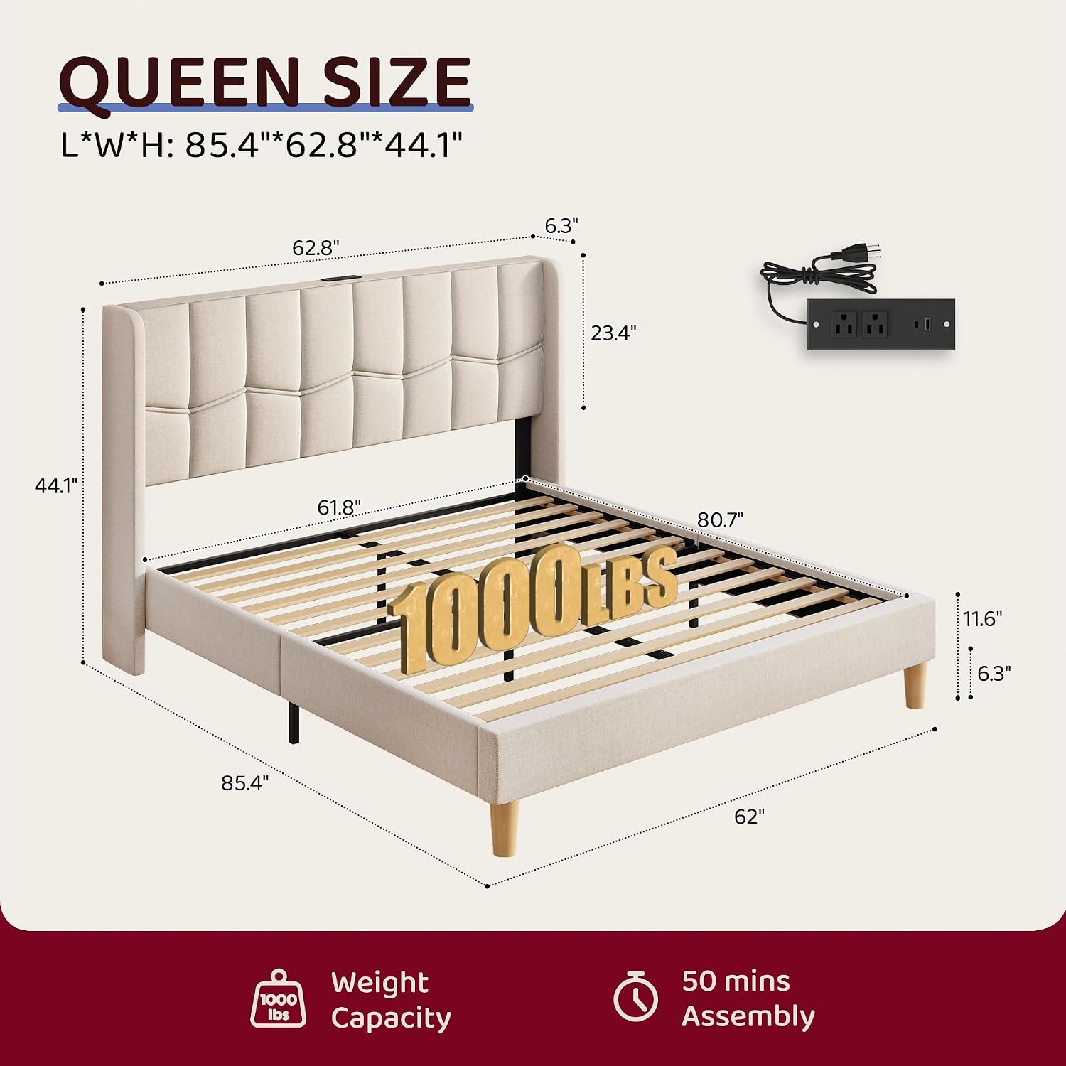 Charging Upholstered Queen Platform Bed Frame