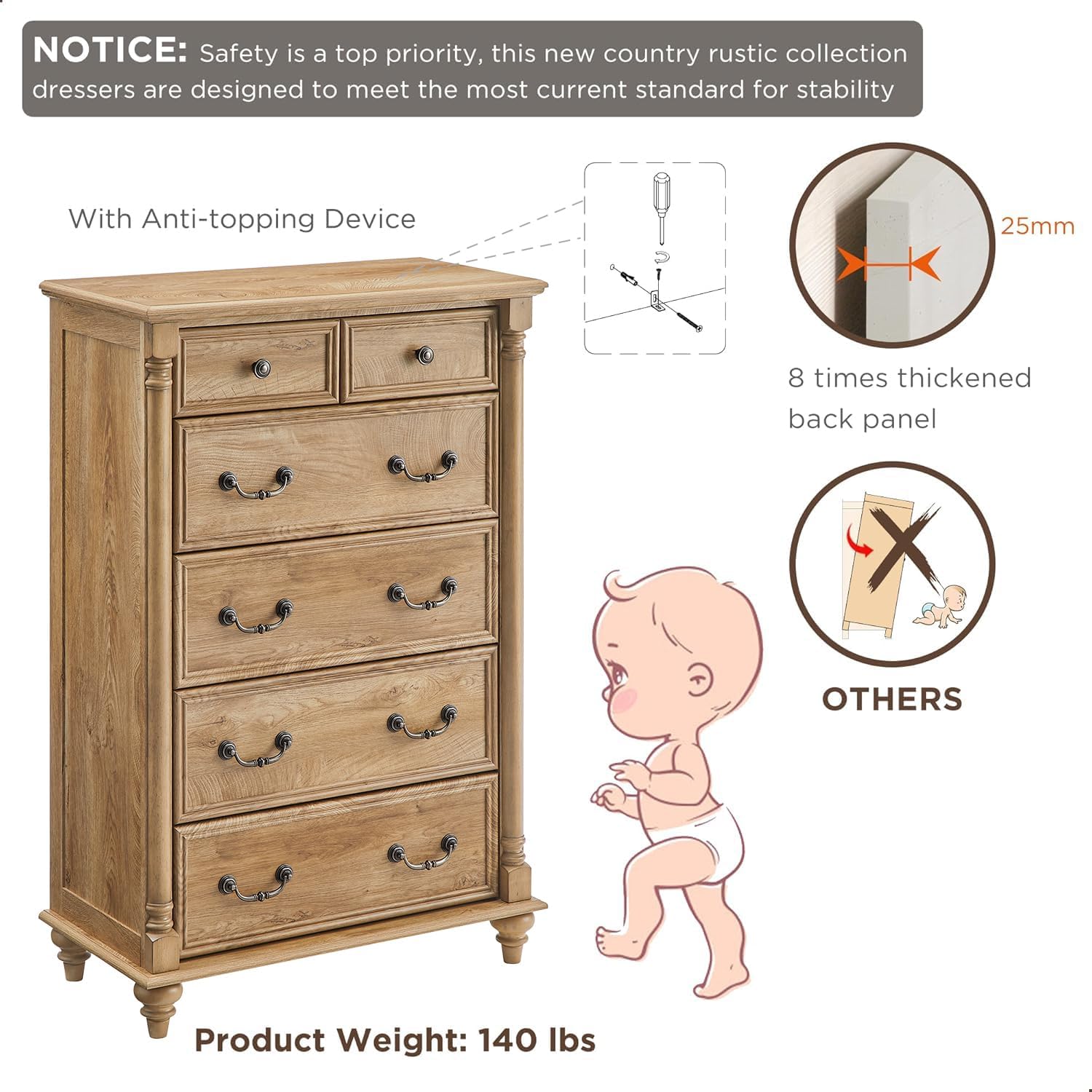 Farmhouse 6‑Drawer Wooden Bedroom Dresser