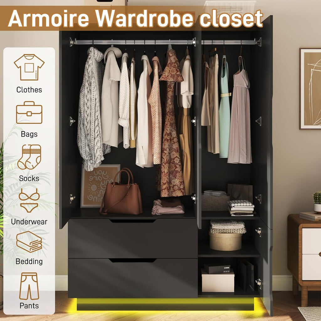 LED Mirrored Drawer‑Style Bedroom Wardrobe Armoire