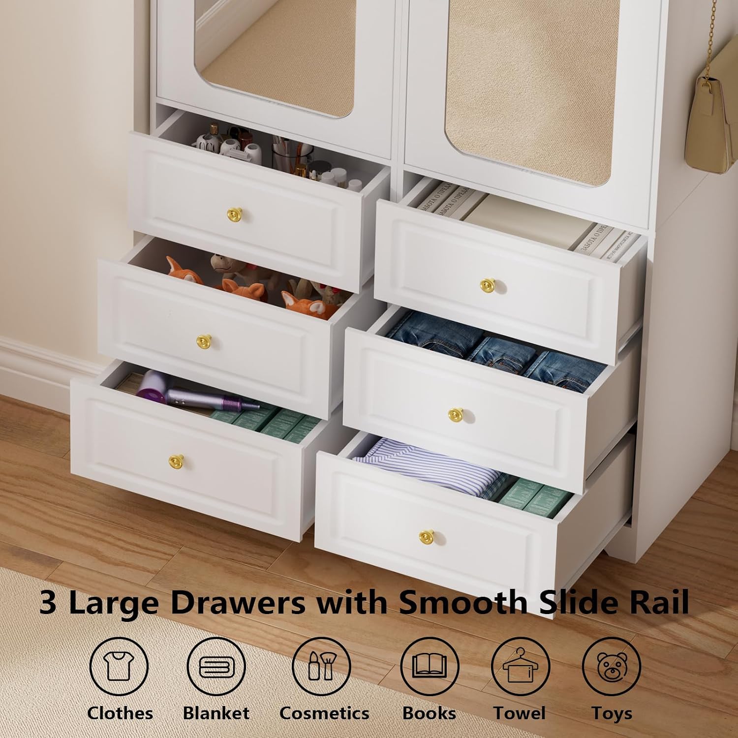 Mirrored Drawer‑Equipped Clothing Storage Armoire