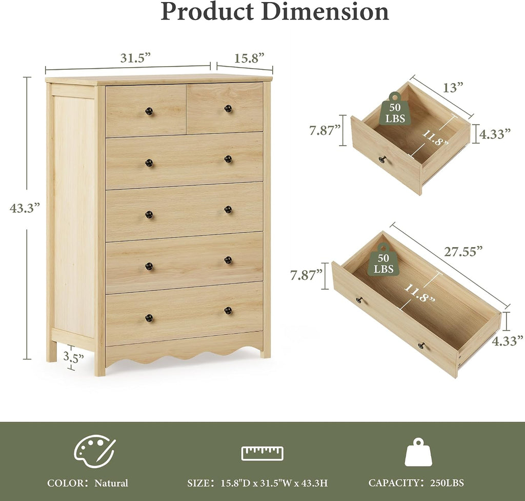 Tall 6‑Drawer Natural Bedroom Dresser Cabinet
