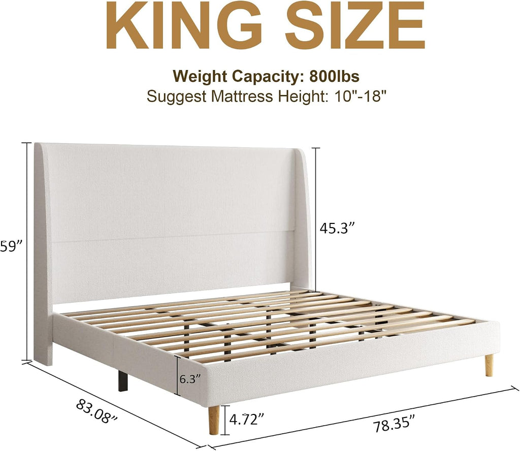 Wingback Linen Upholstered King Platform Bed
