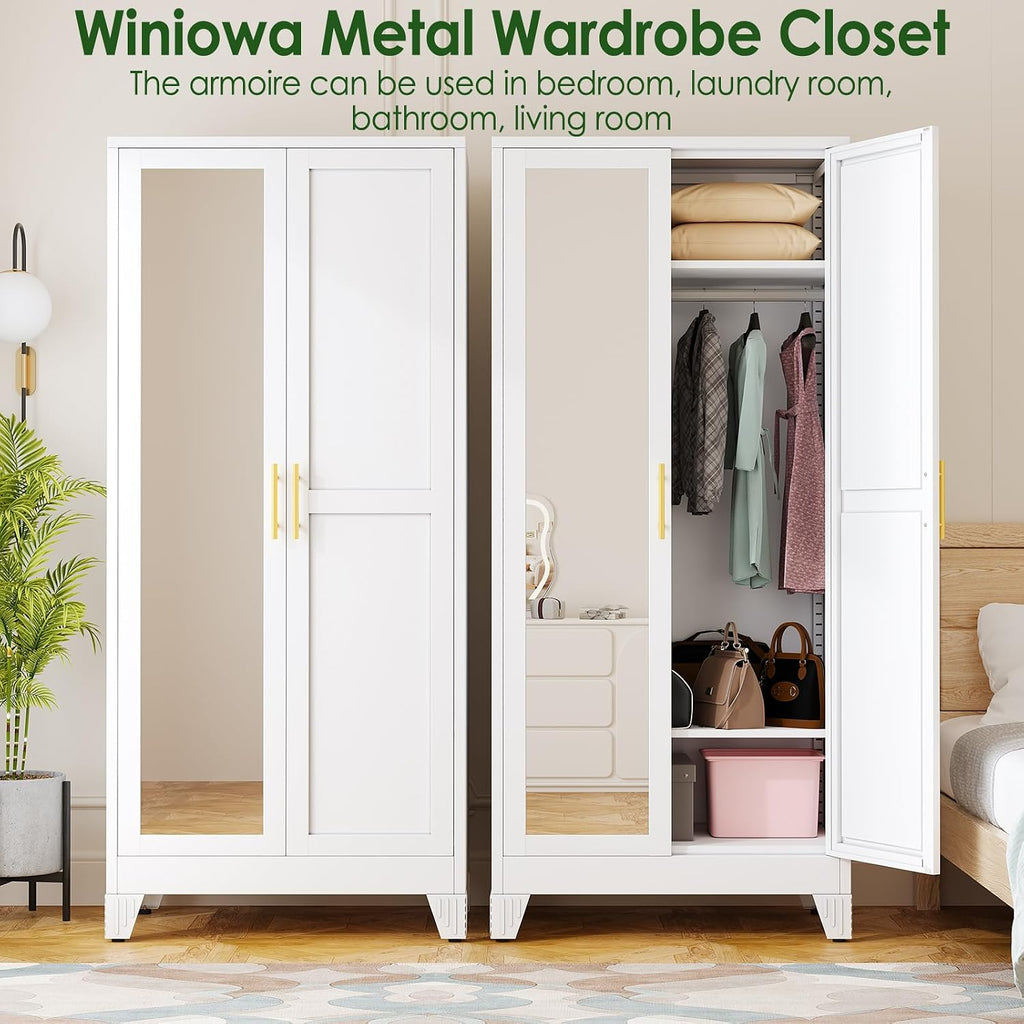 Mirrored Metal Clothing‑Storage Wardrobe Armoire