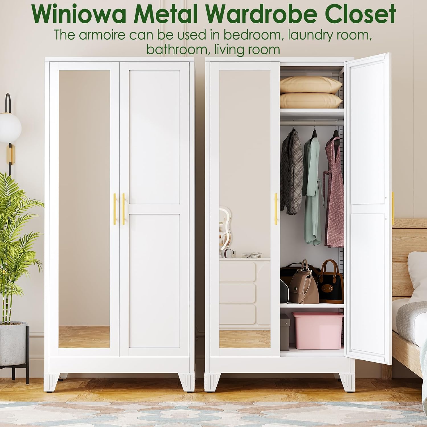 Mirrored Metal Clothing‑Storage Wardrobe Armoire