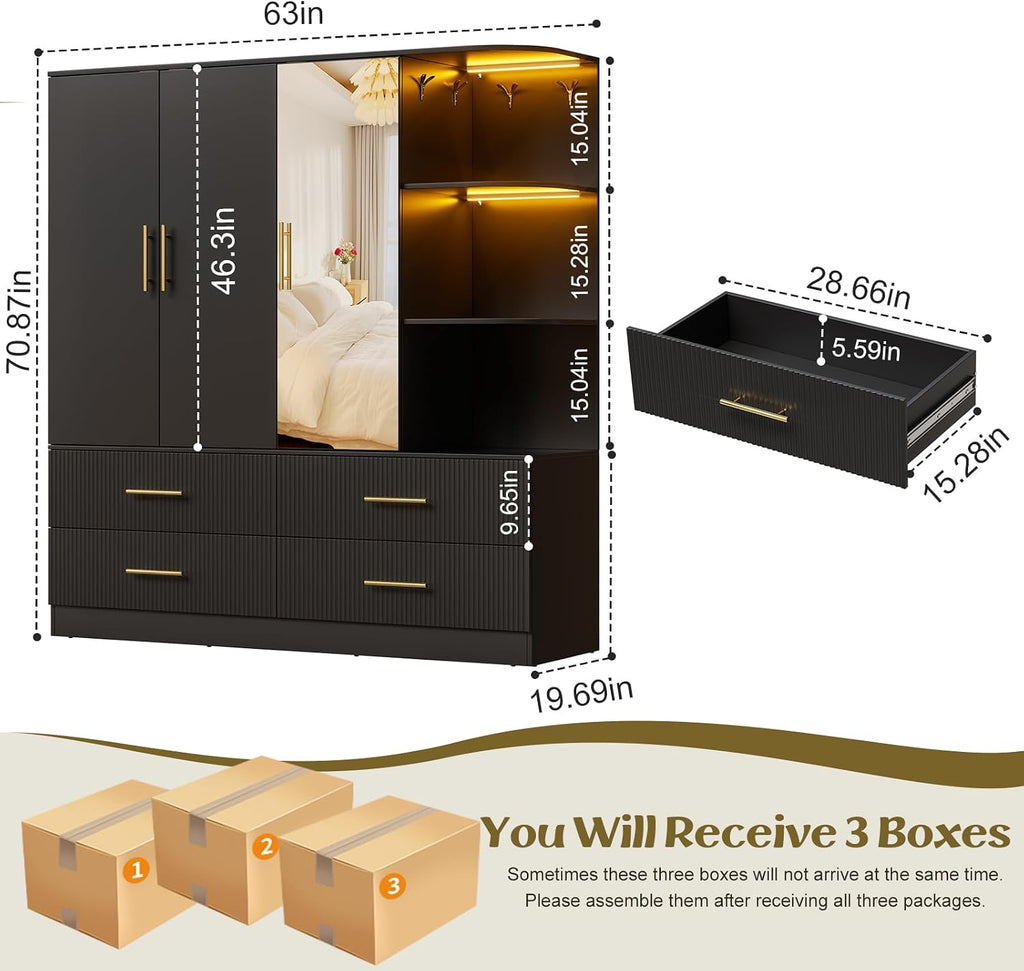 LED Mirrored Drawer‑Equipped Wardrobe Armoire