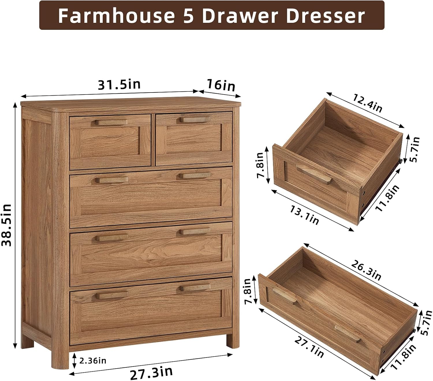 Farmhouse 5‑Drawer Brown Bedroom Dresser