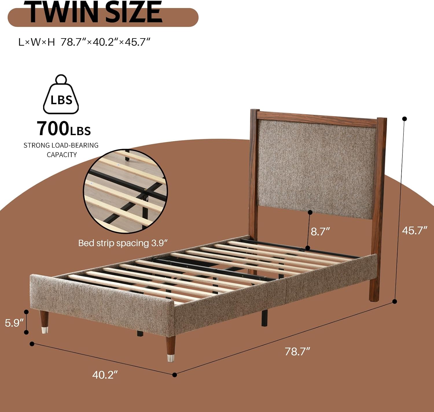 Wood‑Trim Upholstered Twin Bed Frame