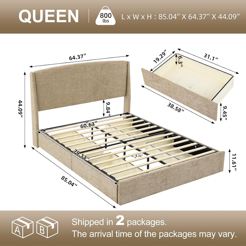 Wingback Drawer‑Storage Queen Bed Frame