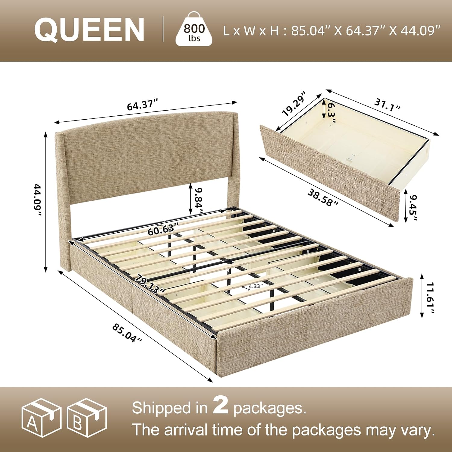 Wingback Drawer‑Storage Queen Bed Frame