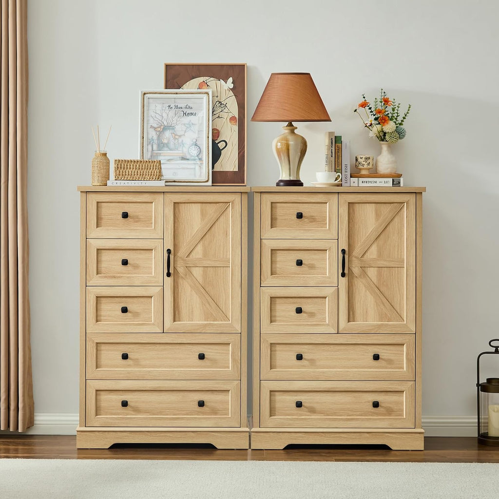 Farmhouse Oak Tall Bedroom Dresser Cabinet