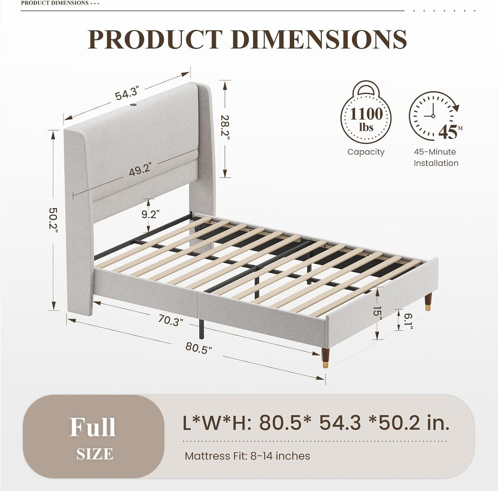 USB‑Charging Linen Full Platform Bed Frame