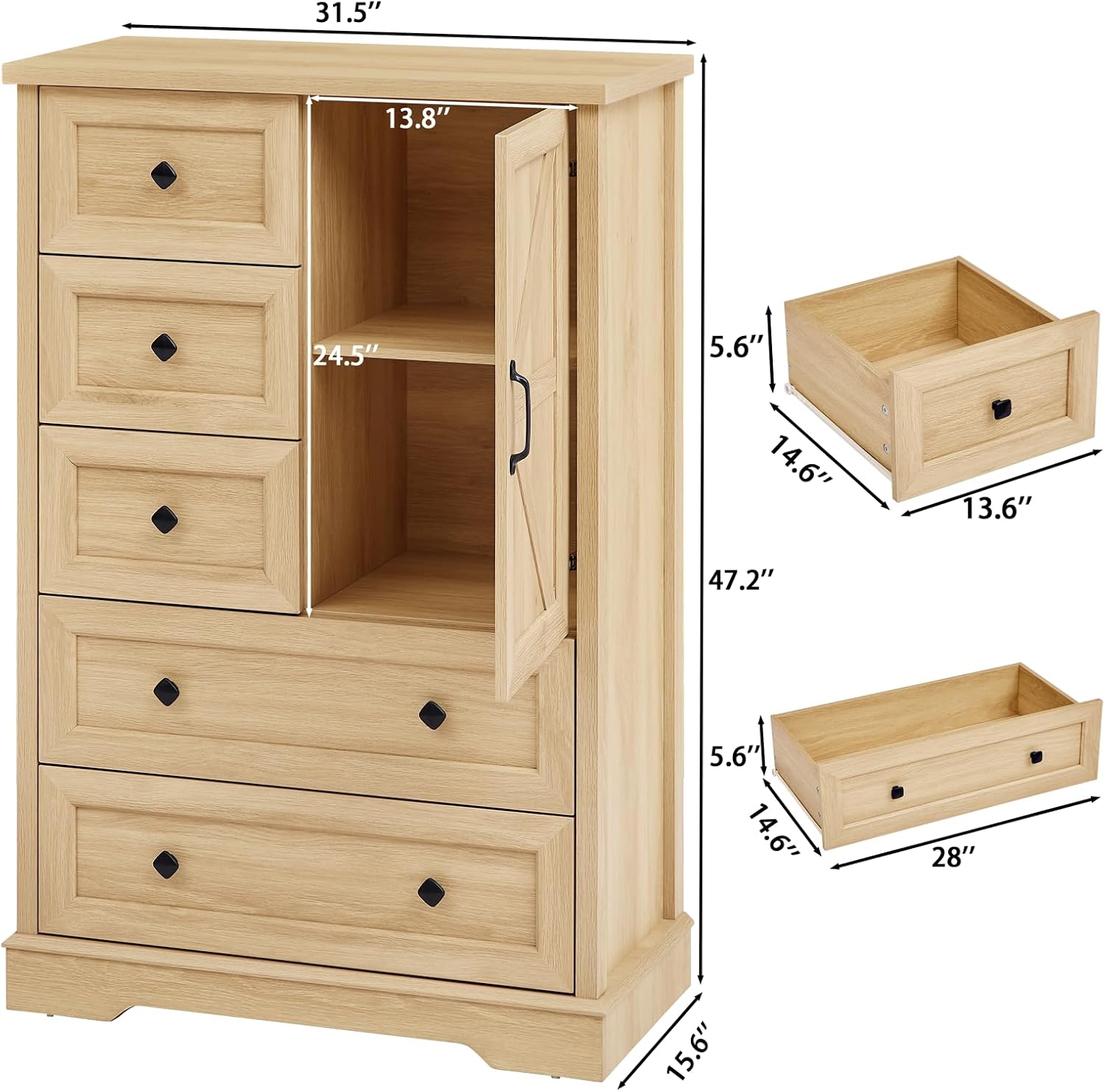Farmhouse Oak Tall Bedroom Dresser Cabinet