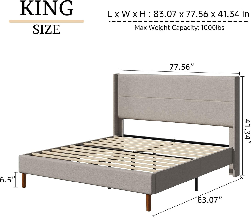 Wingback Linen Upholstered King Bed Frame