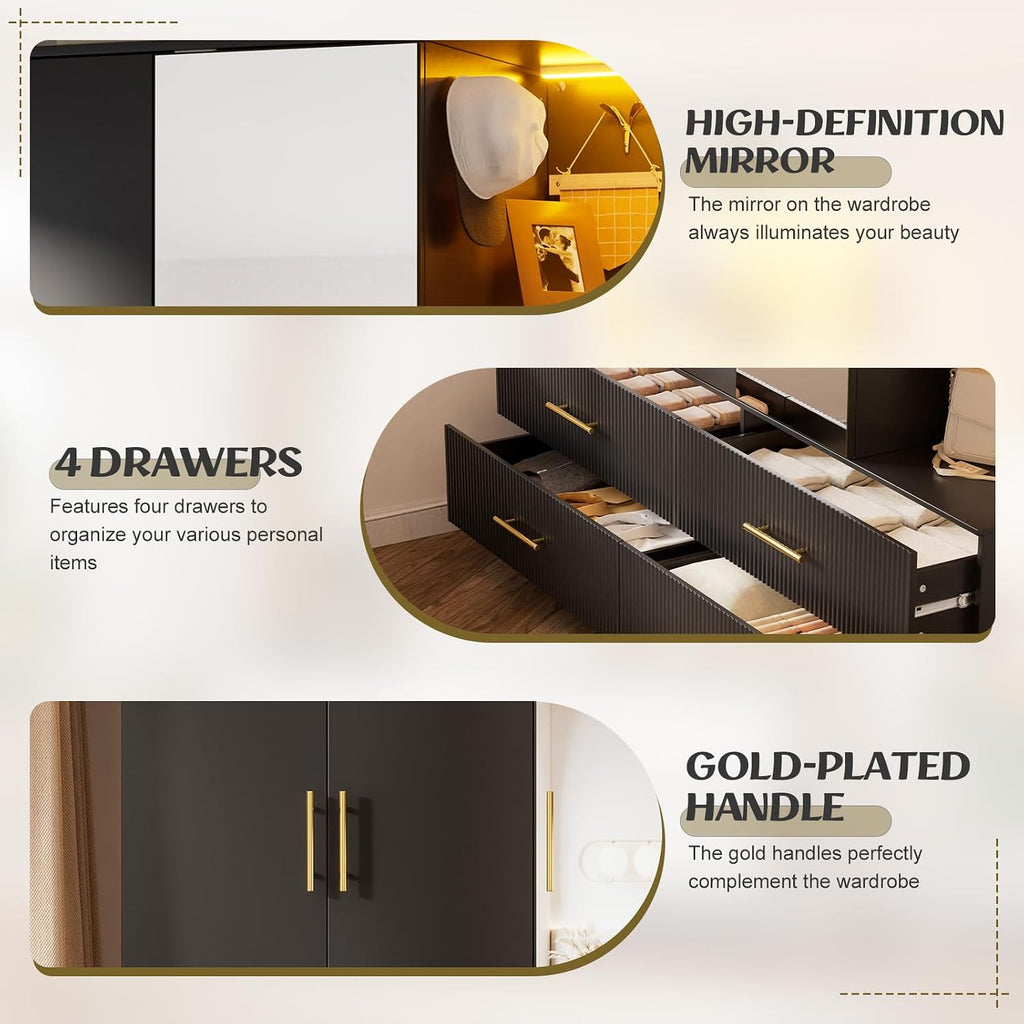 LED Mirrored Drawer‑Equipped Wardrobe Armoire