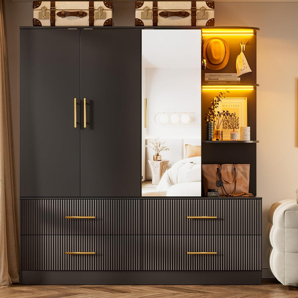 LED Mirrored Drawer‑Equipped Wardrobe Armoire