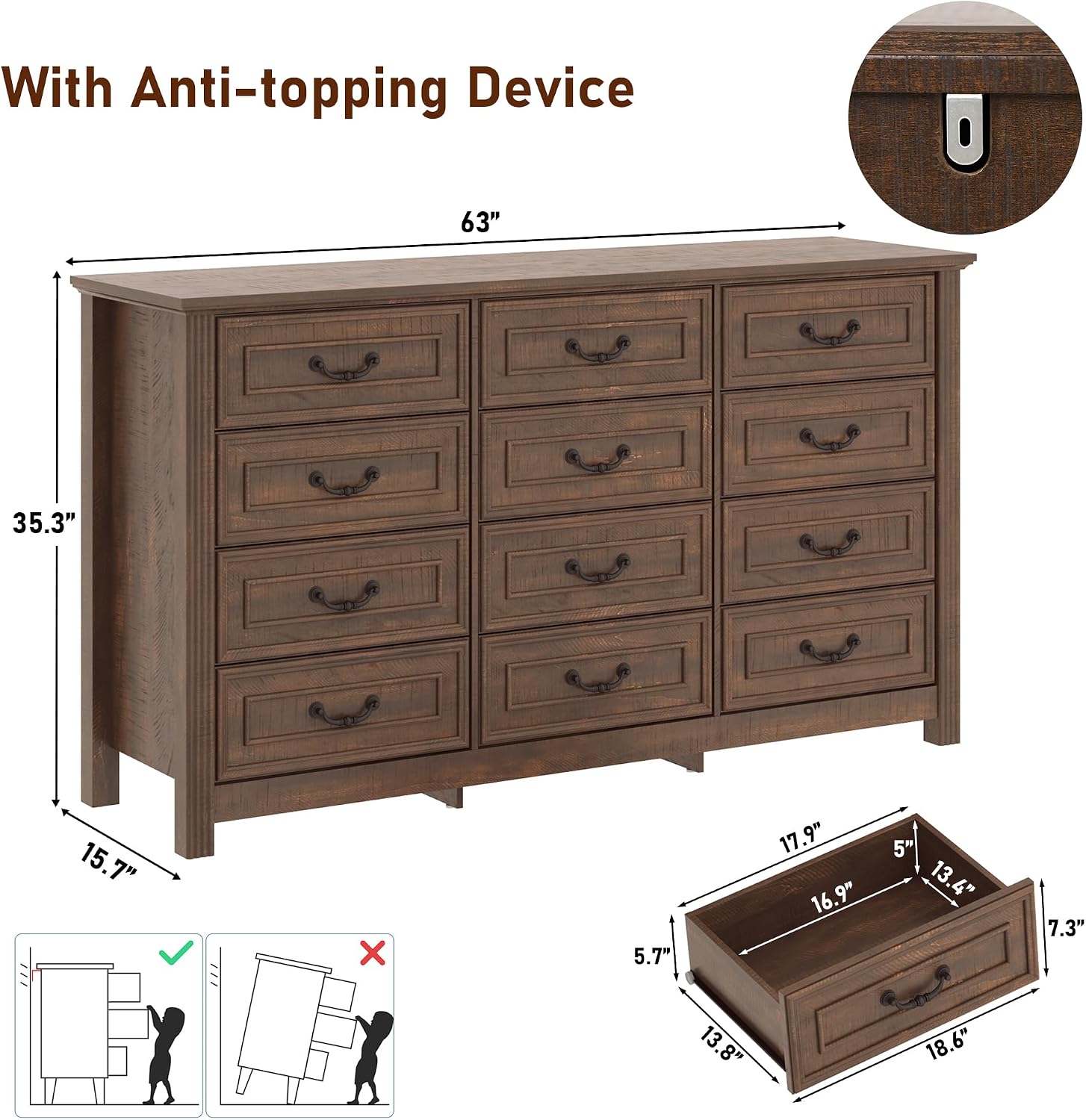 Rustic 12‑Drawer Farmhouse Bedroom Dresser