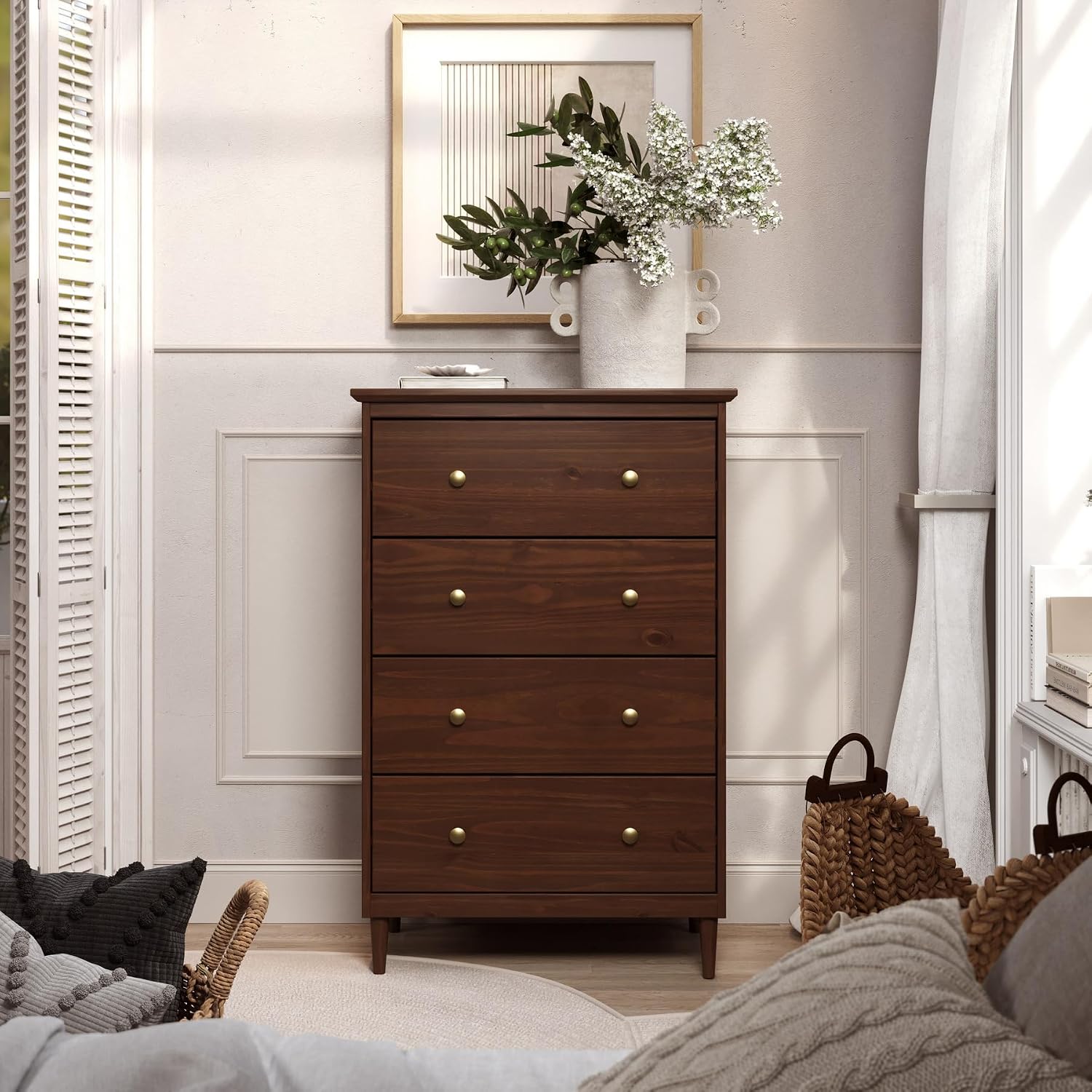 Pine 4‑Drawer Walnut Bedroom Dresser Cabinet
