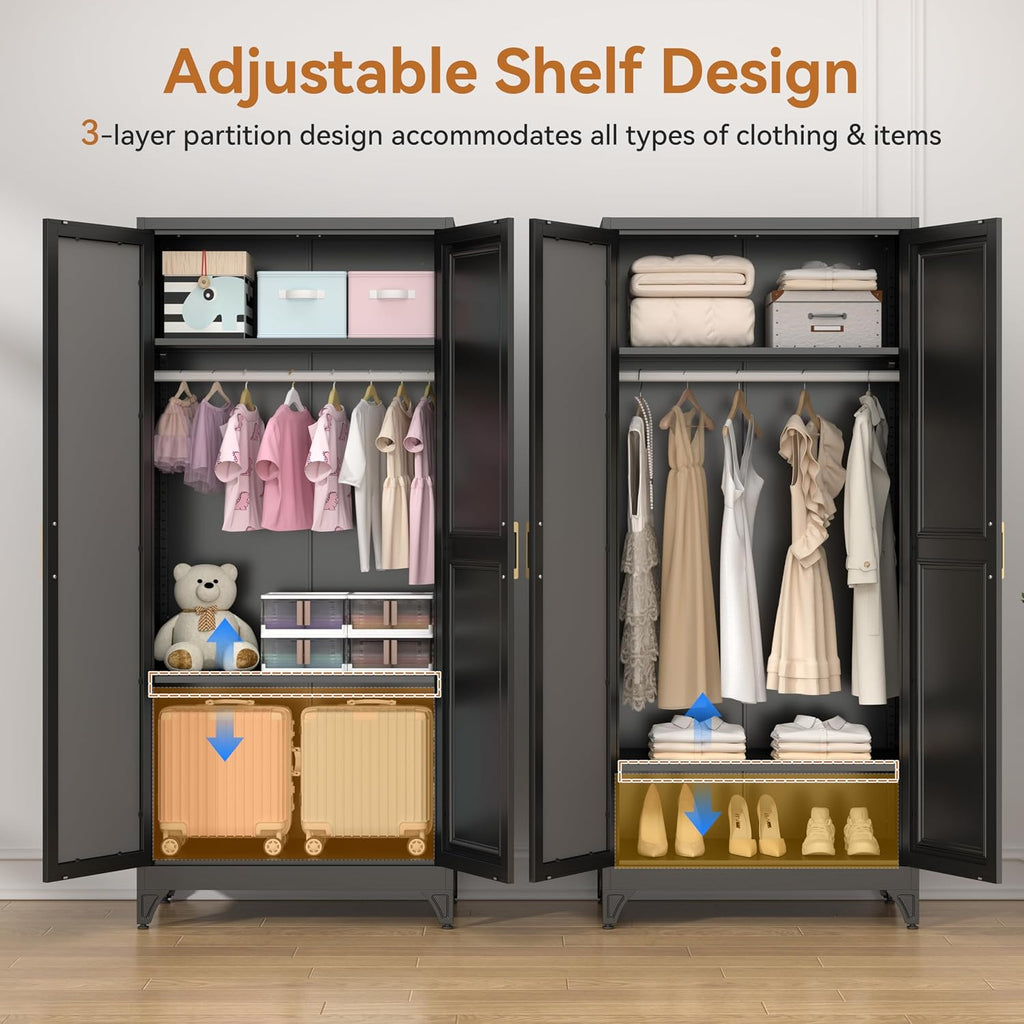 Mirrored Tall Metal Clothing Storage Armoire
