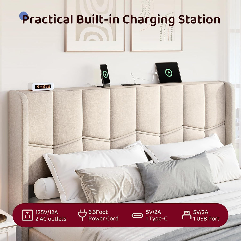 Charging Upholstered Queen Platform Bed Frame