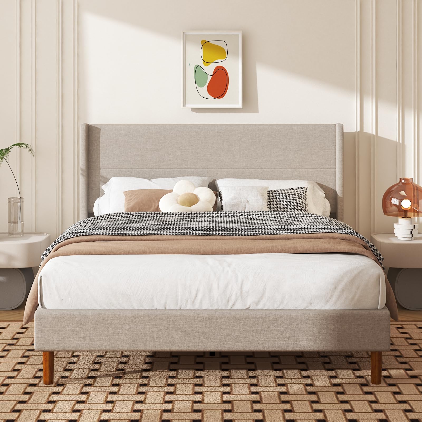 Wingback Linen Upholstered Queen Bed Frame