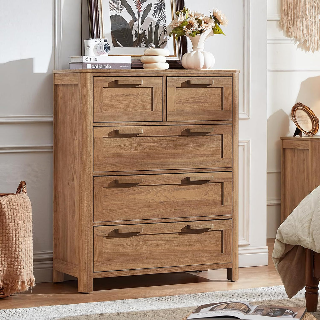 Farmhouse 5‑Drawer Brown Bedroom Dresser
