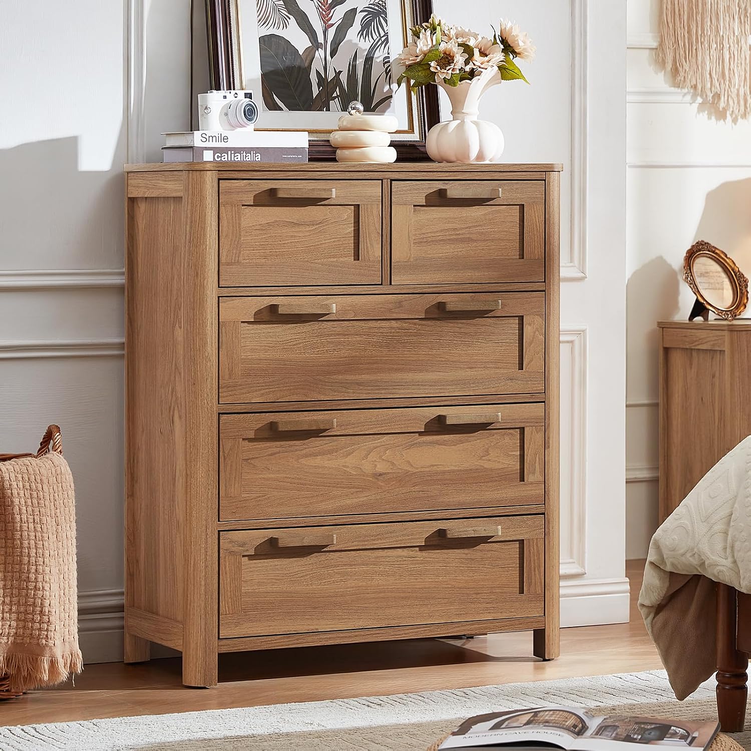 Farmhouse 5‑Drawer Brown Bedroom Dresser