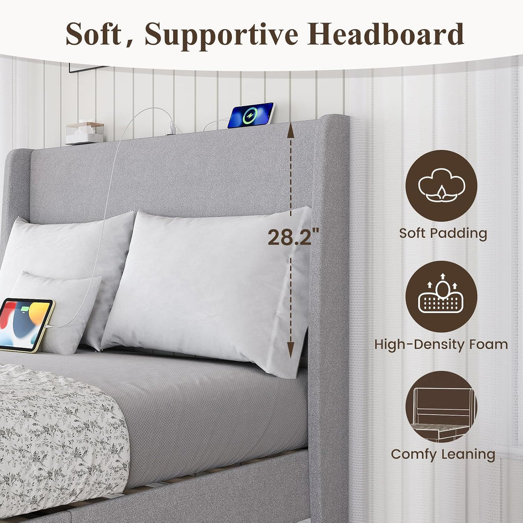 USB‑Charging Linen Full Platform Bed Frame