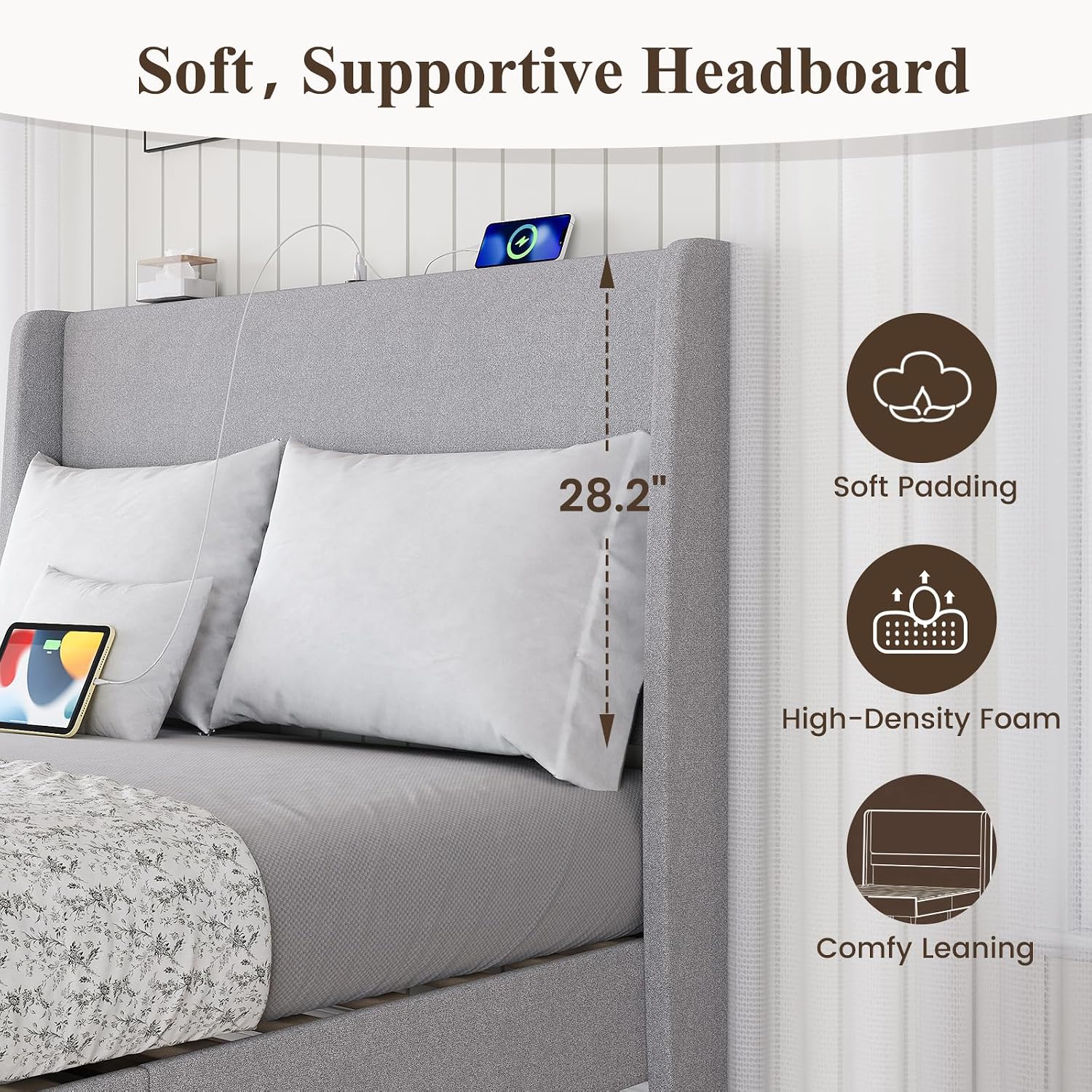 USB‑Charging Linen Full Platform Bed Frame