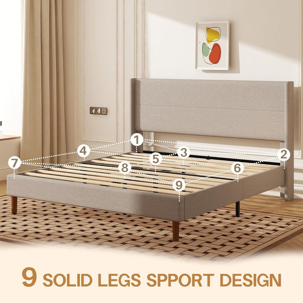 Wingback Linen Upholstered King Bed Frame