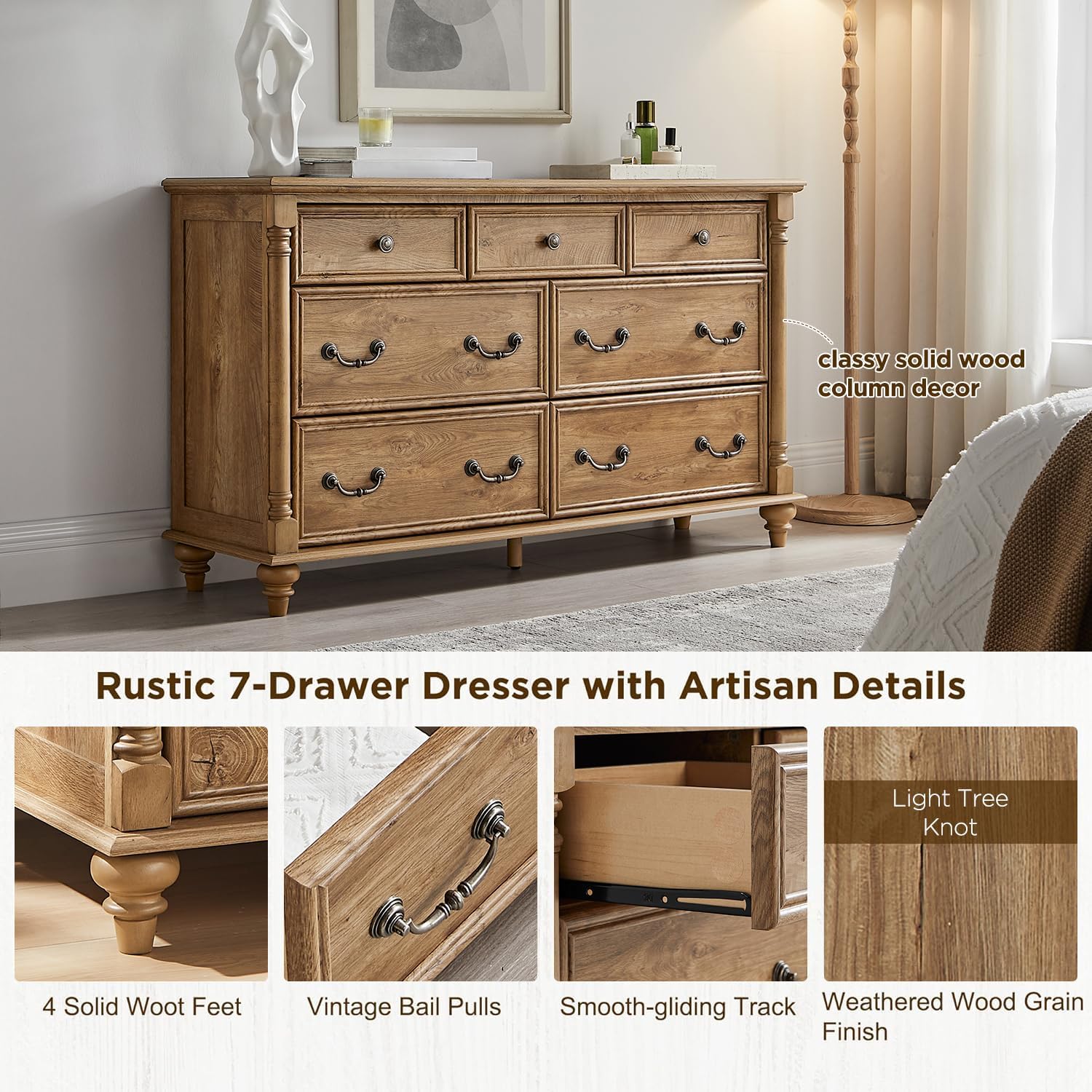 Farmhouse 7‑Drawer Wooden Bedroom Dresser