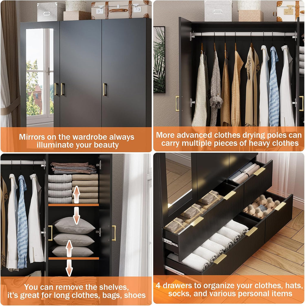 LED Mirrored 3‑Door Bedroom Wardrobe Armoire