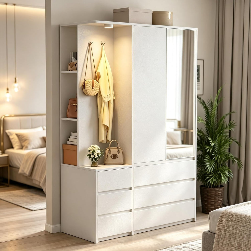 LED Mirrored Freestanding Wardrobe Storage Cabinet