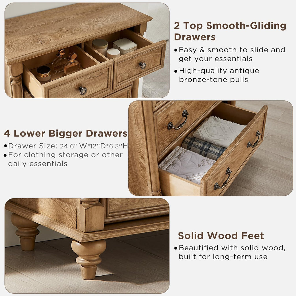 Farmhouse 6‑Drawer Wooden Bedroom Dresser