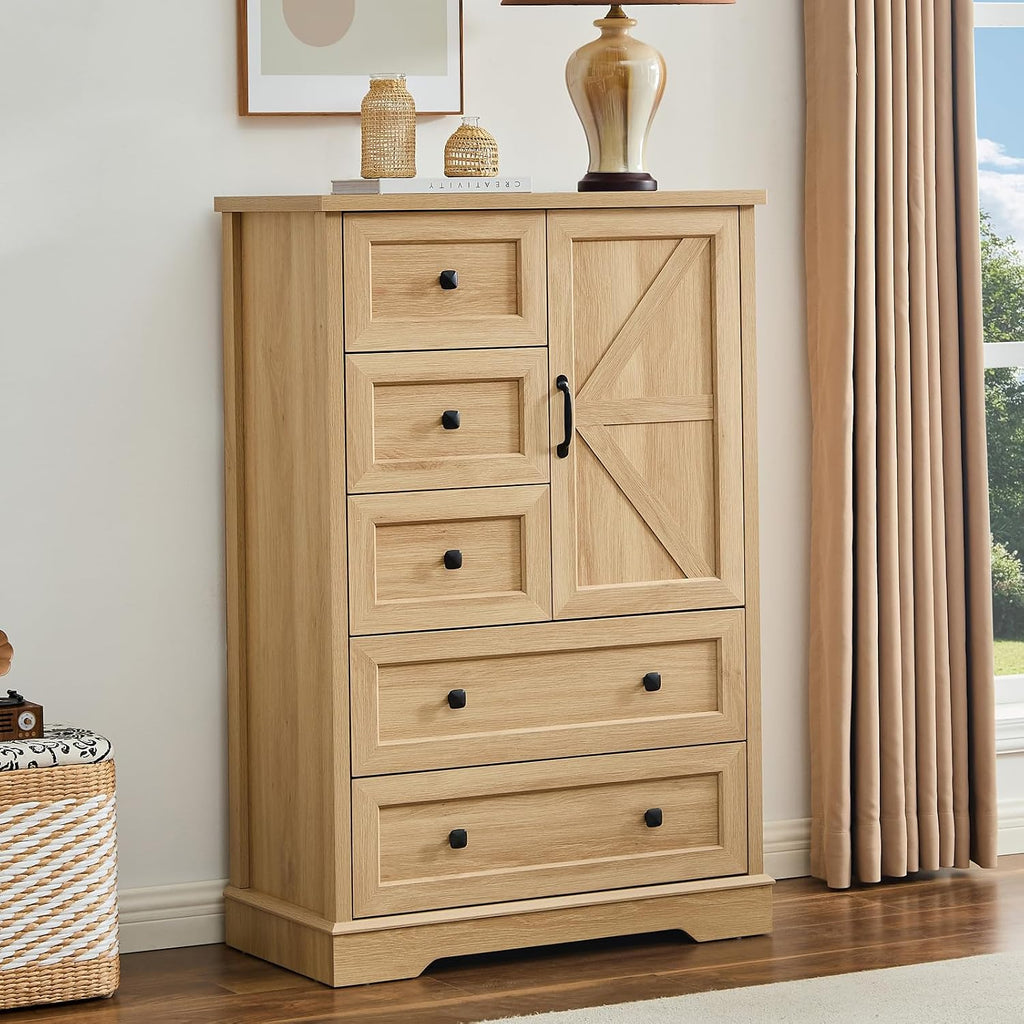 Farmhouse Oak Tall Bedroom Dresser Cabinet