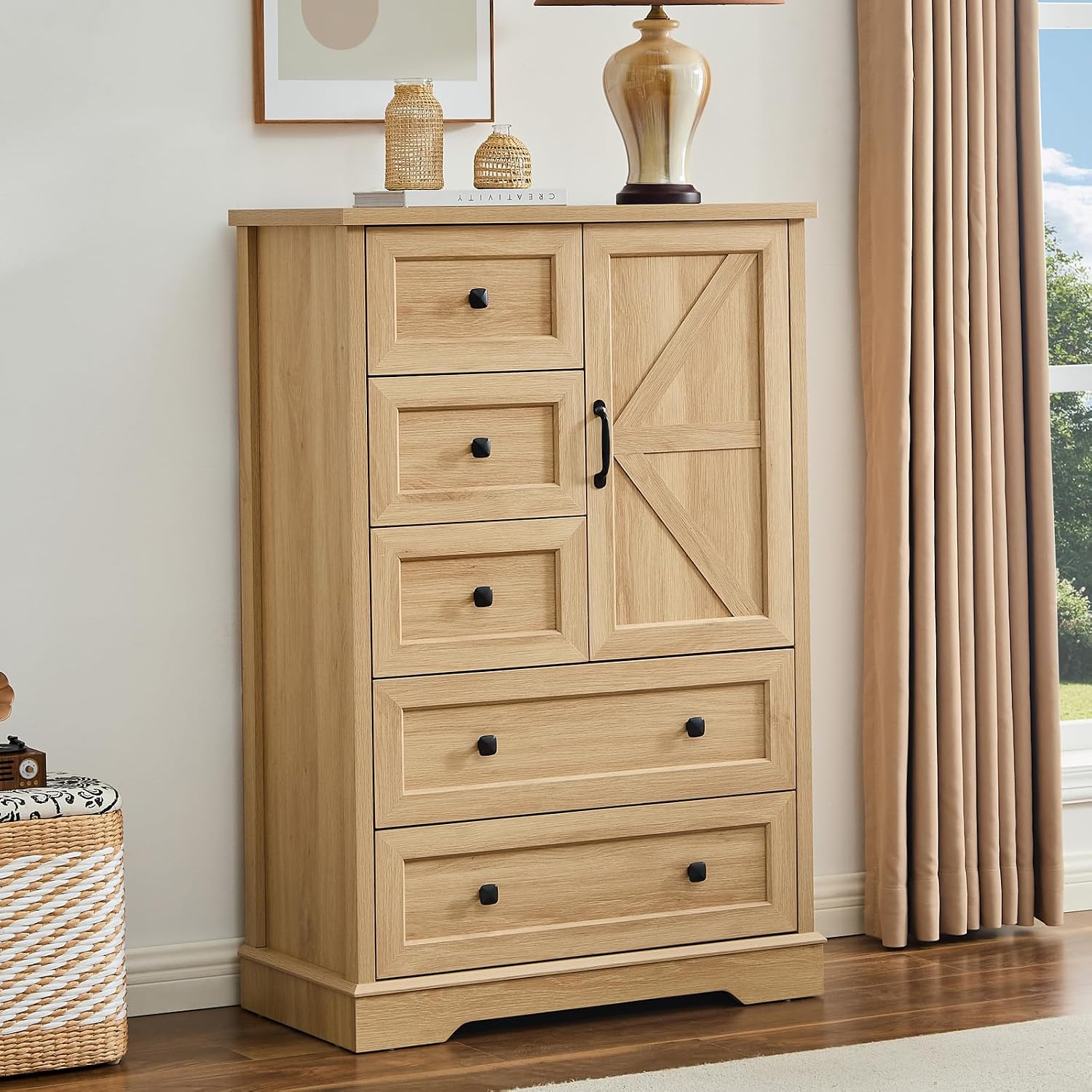 Farmhouse Oak Tall Bedroom Dresser Cabinet
