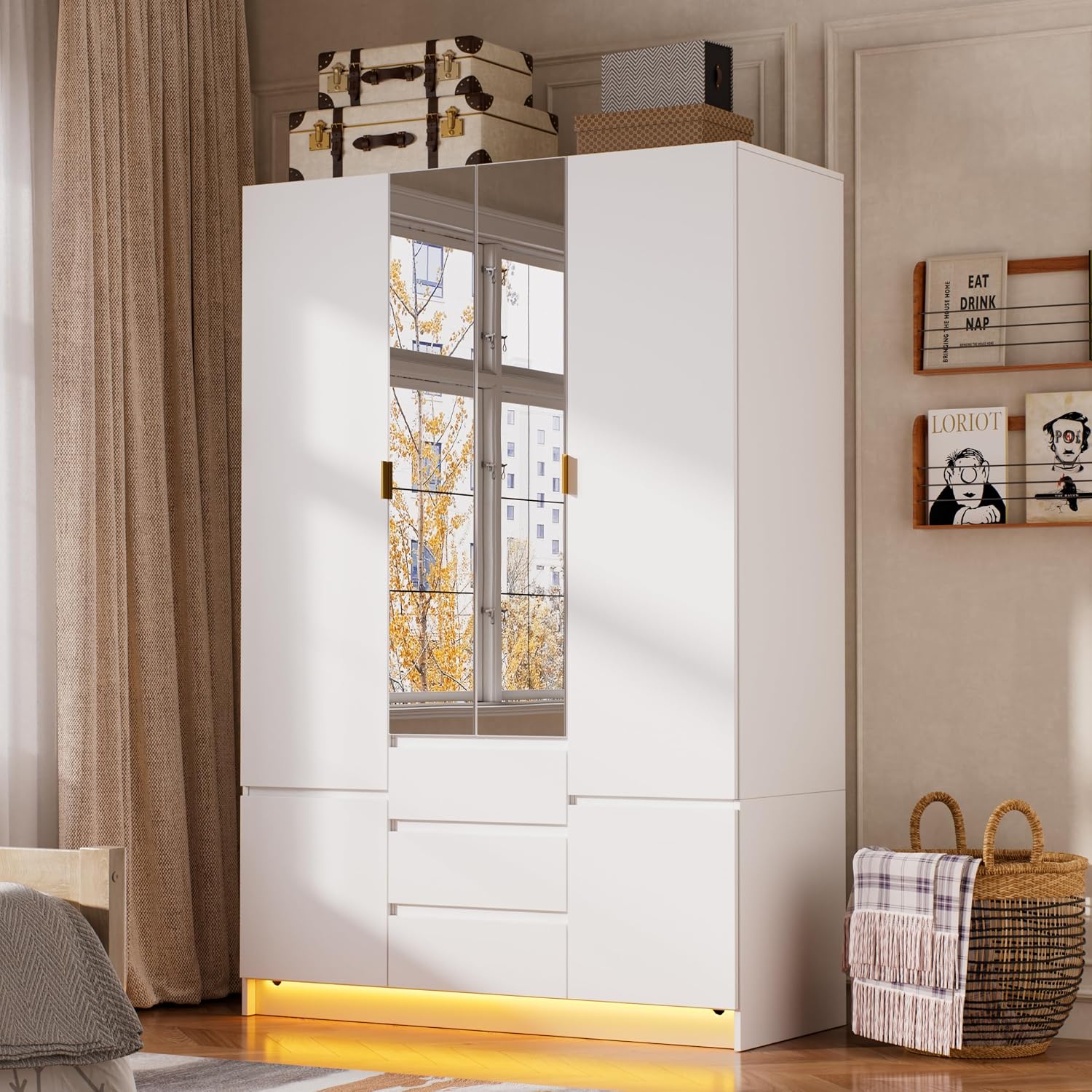 LED Mirrored Large‑Capacity Bedroom Wardrobe Armoire