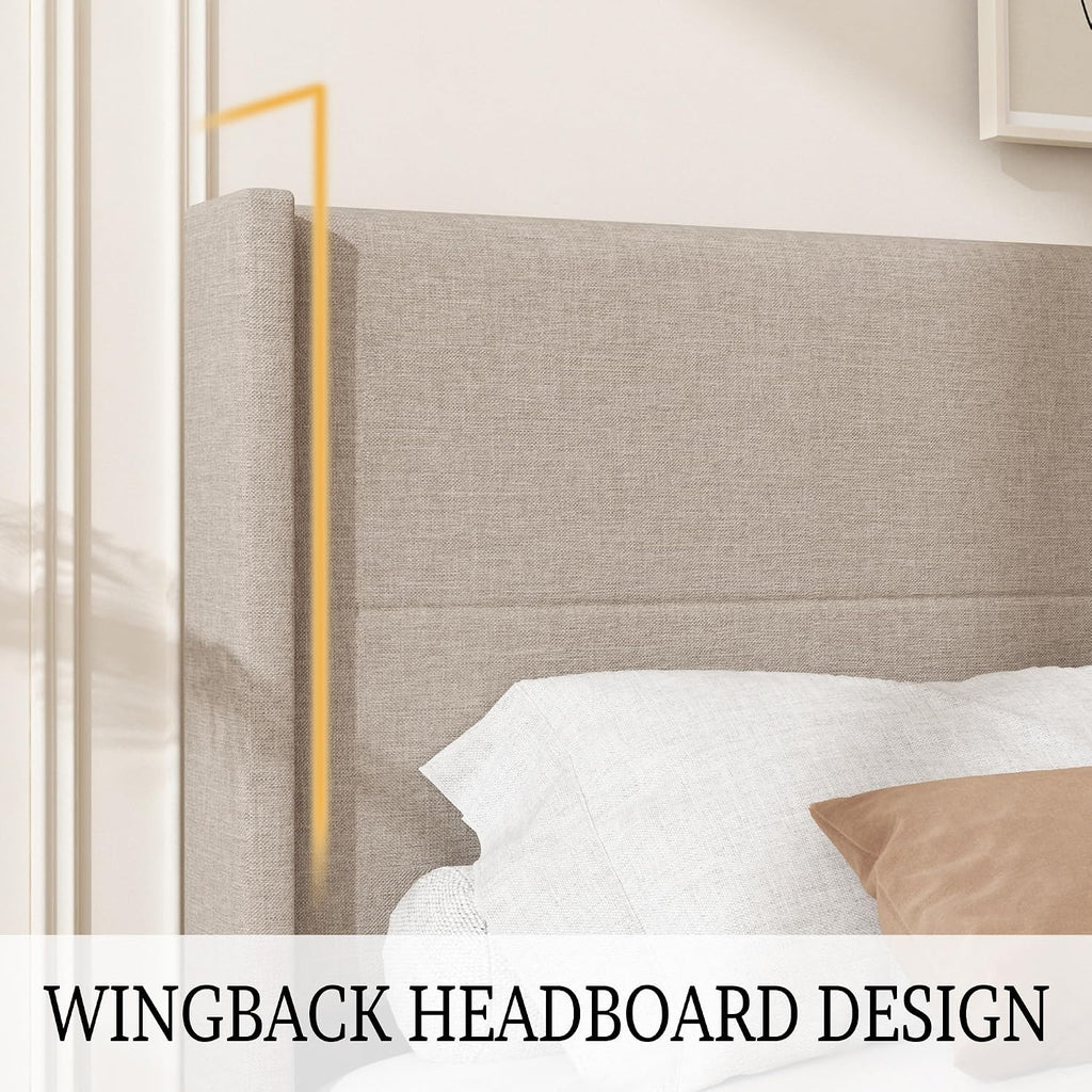 Wingback Linen Upholstered King Bed Frame