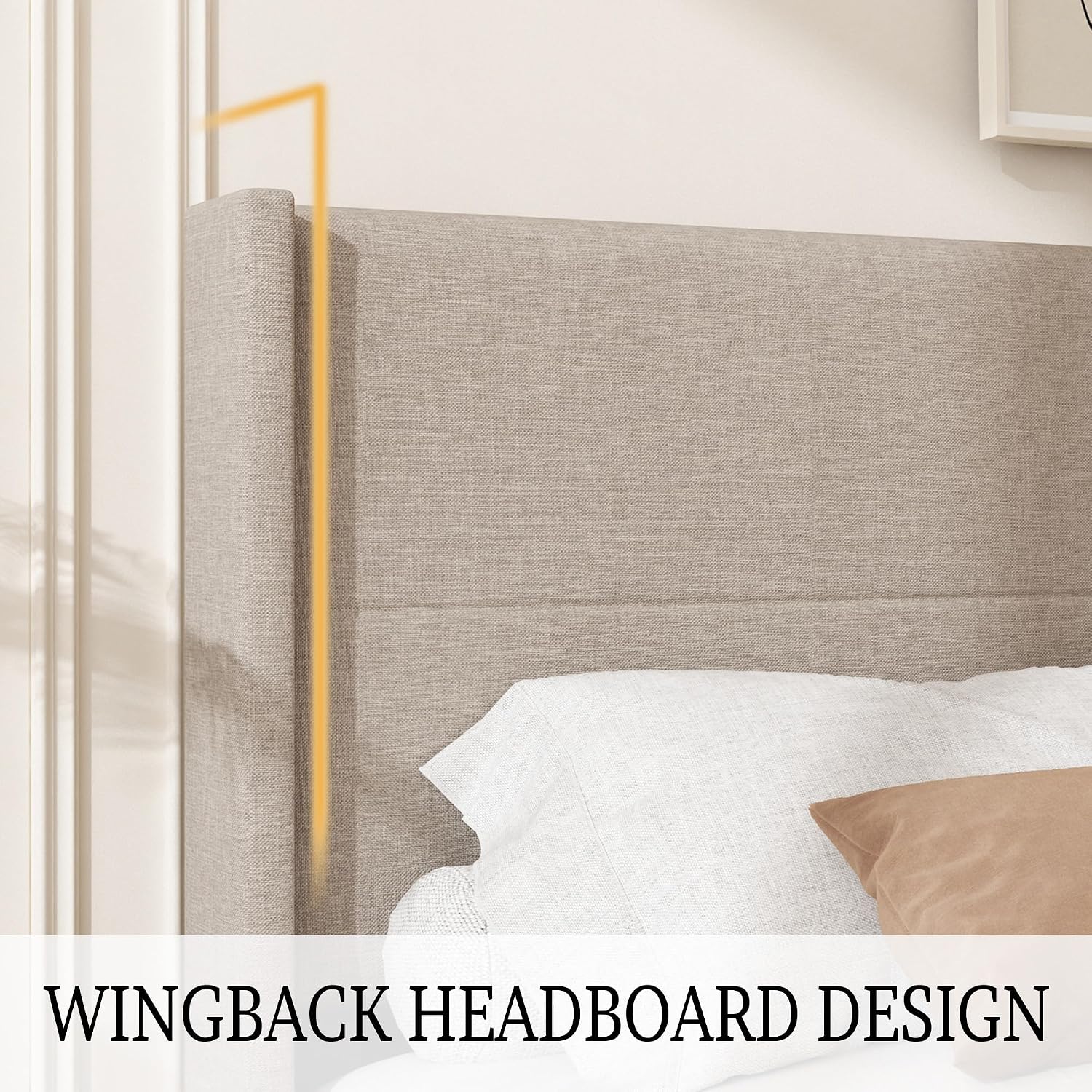 Wingback Linen Upholstered King Bed Frame